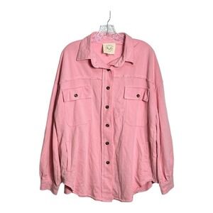 Fantastic Fan Pink Oversized Button Down Shirt Jacket Distressed Raw Hem Women S